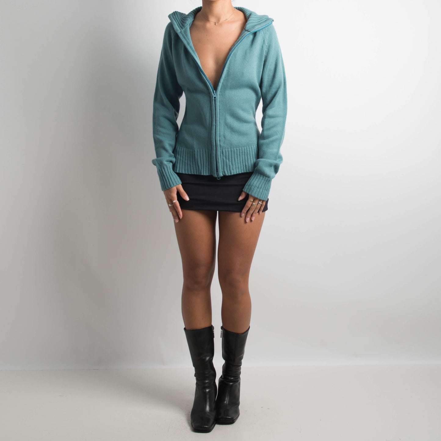 TEAL KNIT ZIP CARDIGAN