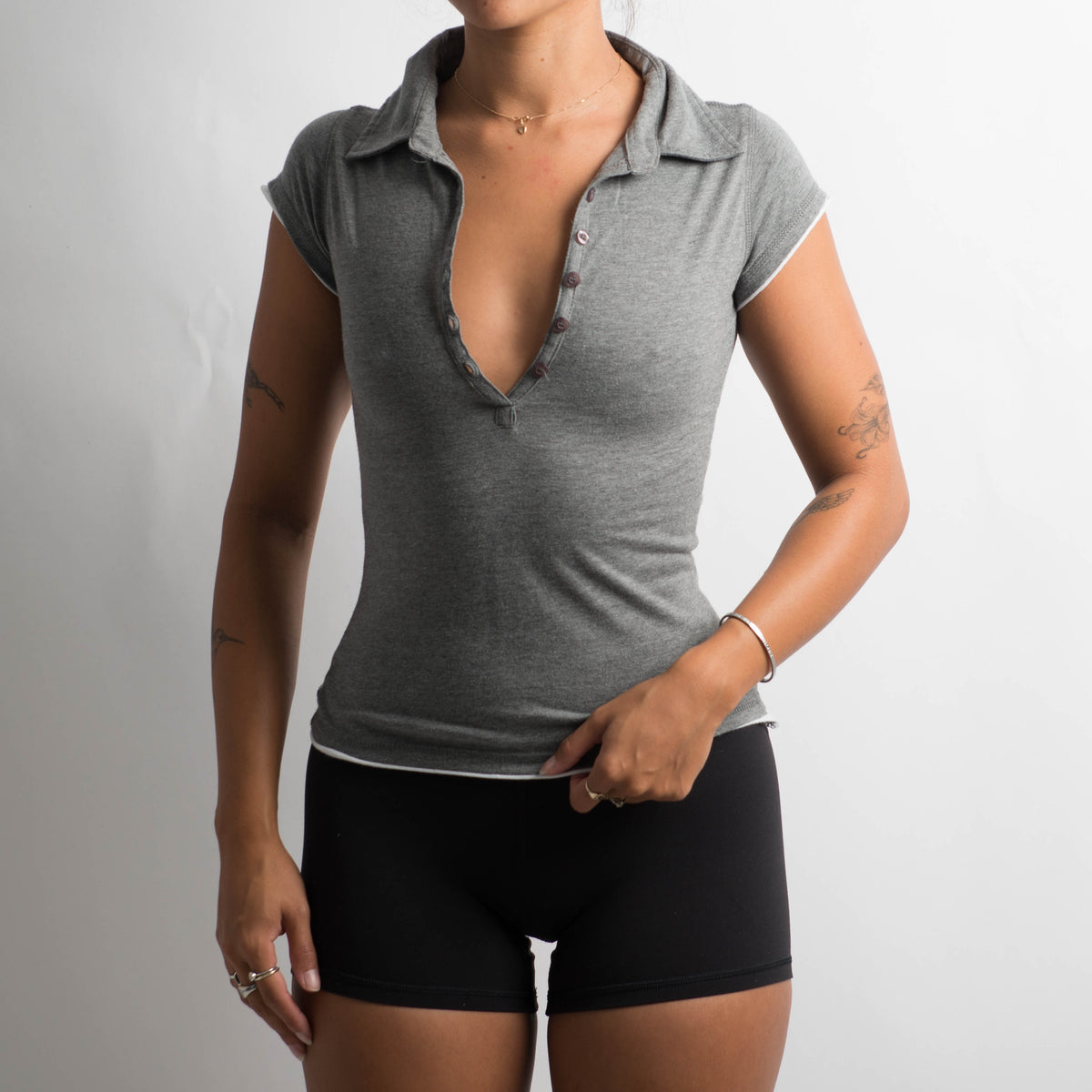 GREY FITTED POLO TOP
