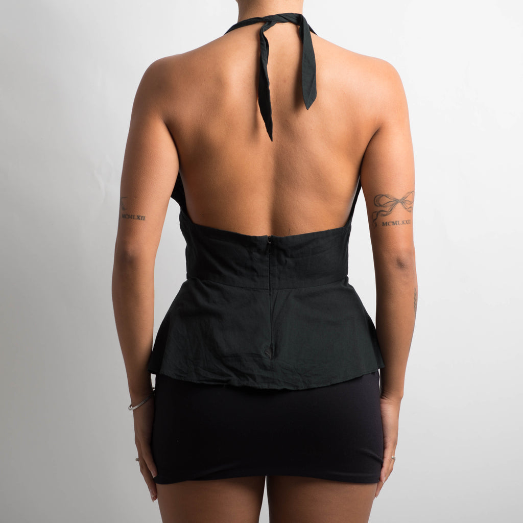 BLACK RUFFLE HALTER TOP