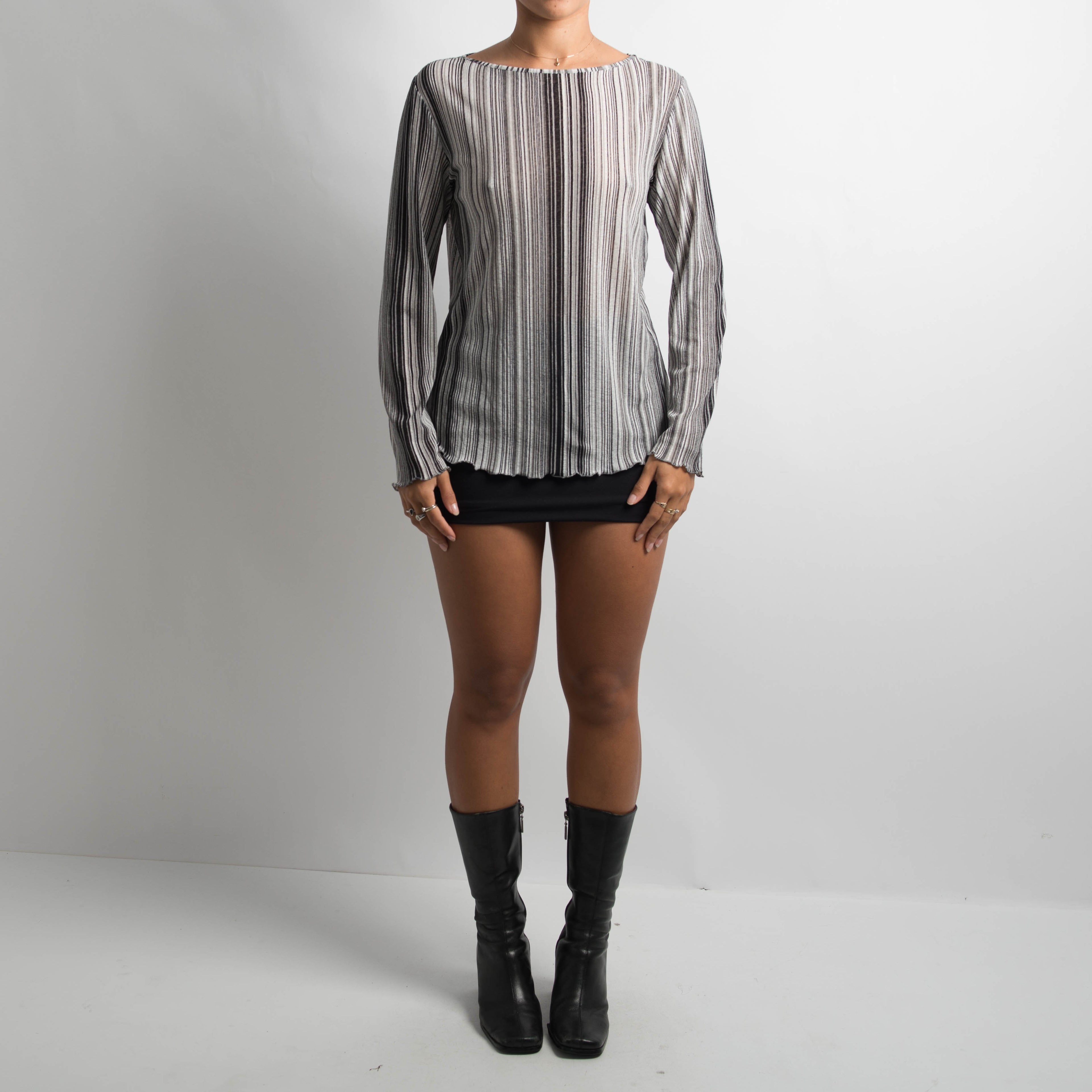 STRIPED MESH LONG SLEEVE TOP