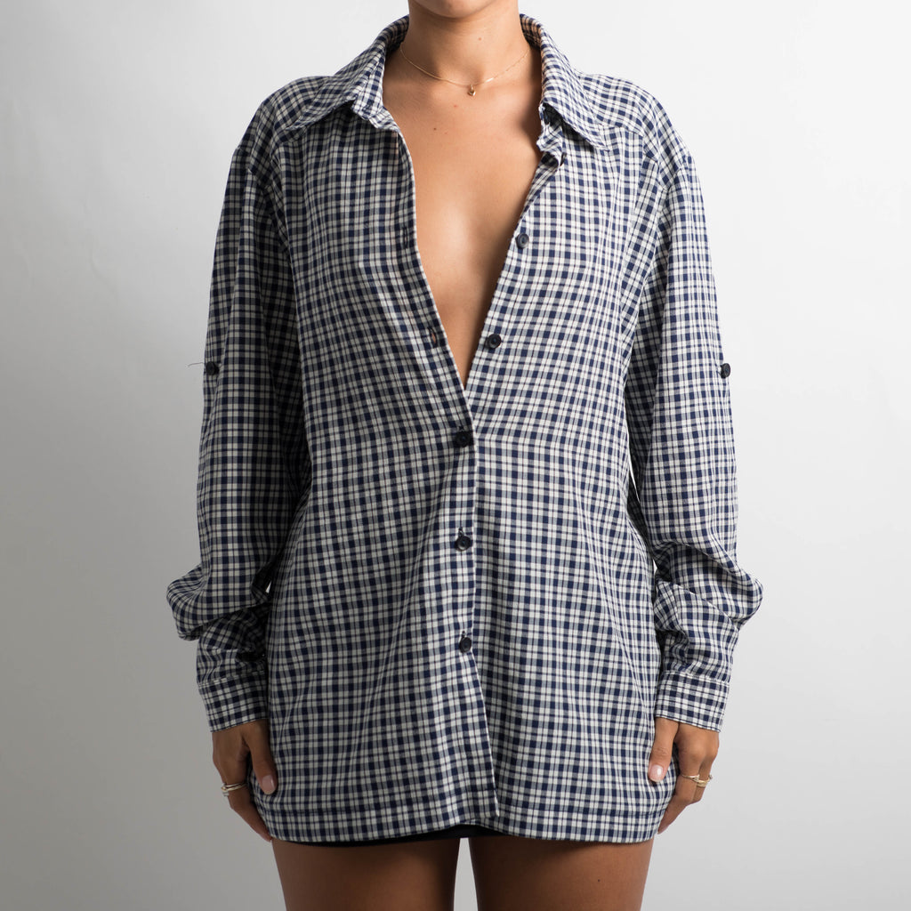 NAVY CHECK BUTTON UP SHIRT