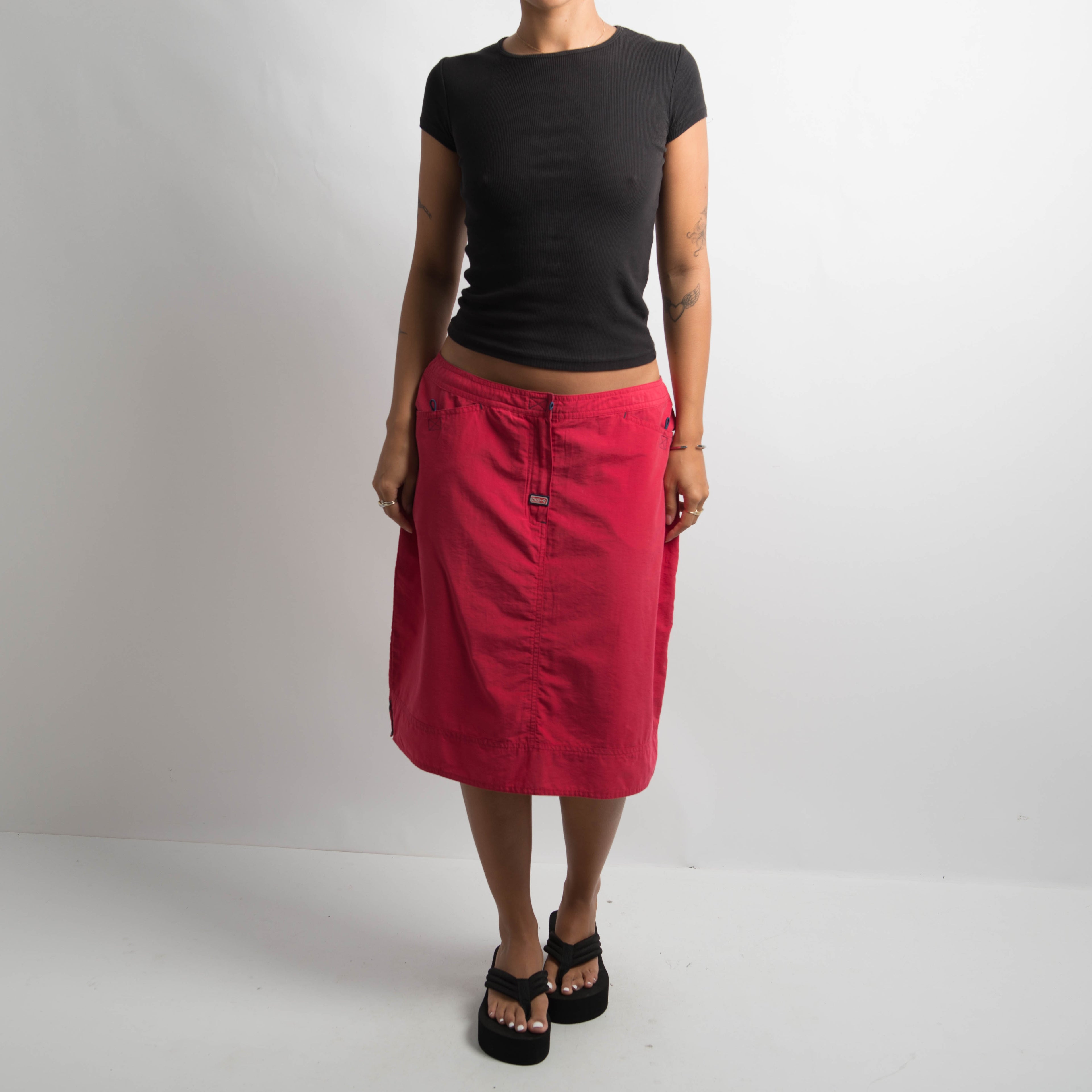 RED NYLON MIDI SKIRT