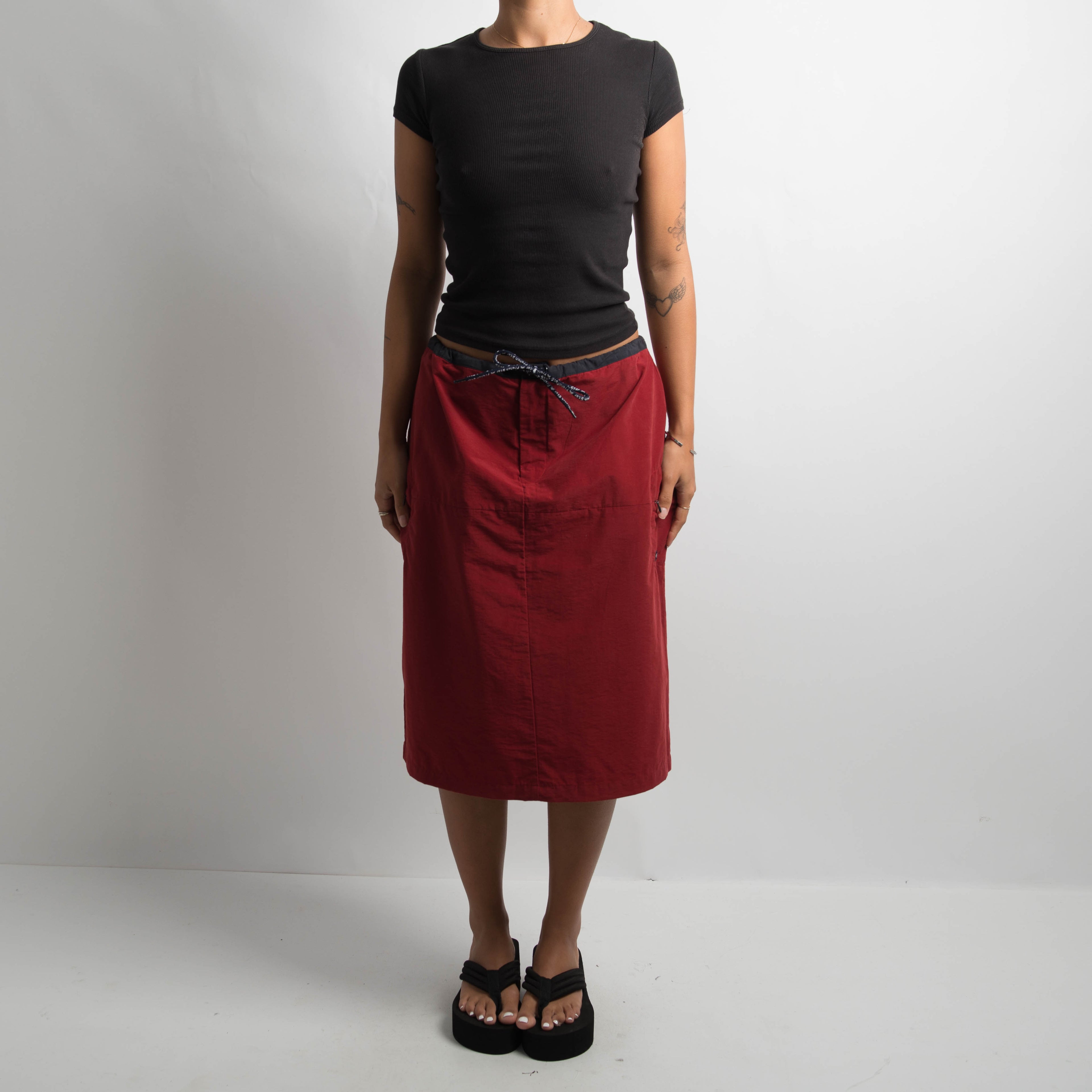 RED NYLON MIDI SKIRT