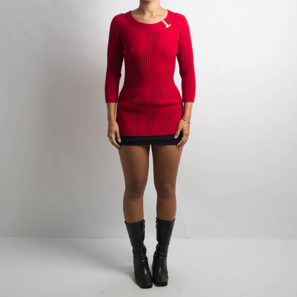 RED RIBBED 3/4 SLEEVE TOP