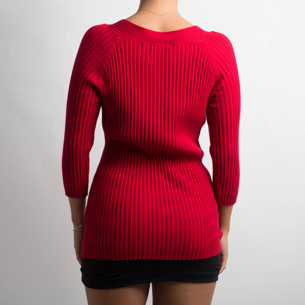 RED RIBBED 3/4 SLEEVE TOP