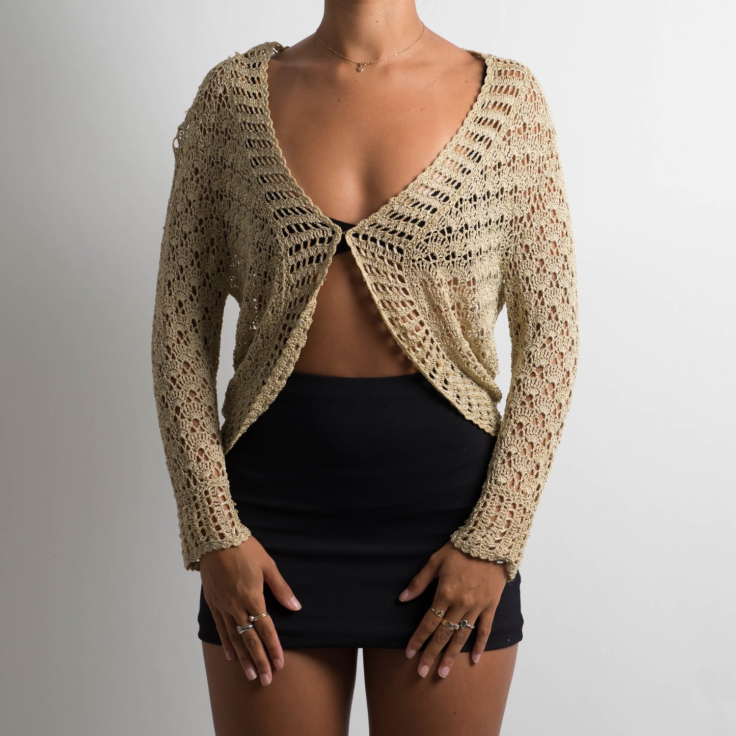 GOLD CROCHET BEADED CARDIGAN