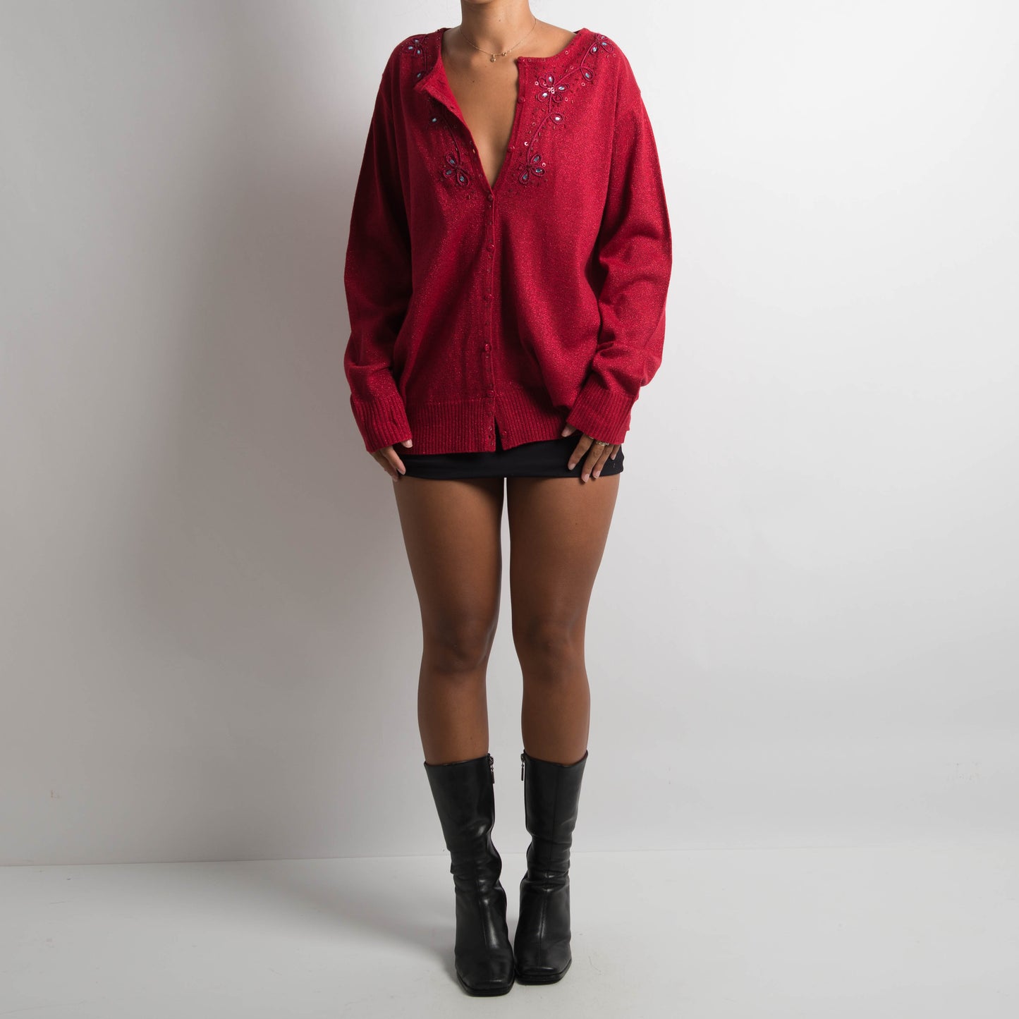 RED SHIMMER CARDIGAN