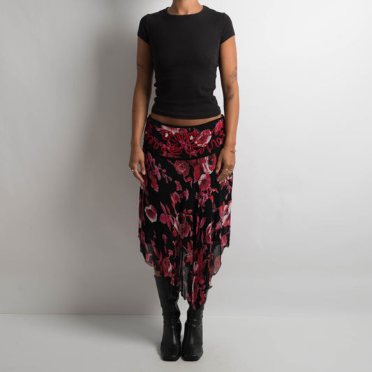 RED FLORAL ASYMMETRIC SKIRT