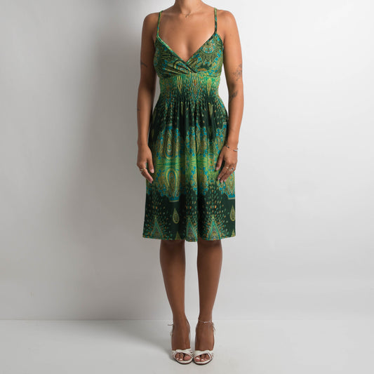 GREEN PATTERNED SLINKY DRESS