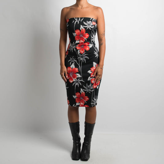 STRAPLESS FLORAL MIDI DRESS