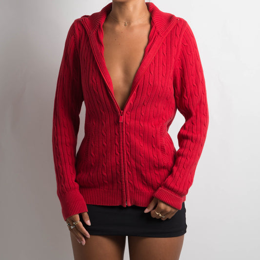 RED CABLE KNIT ZIP CARDIGAN