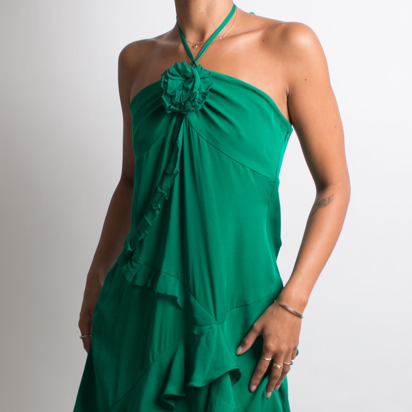 GREEN SILK RUFFLE DRESS