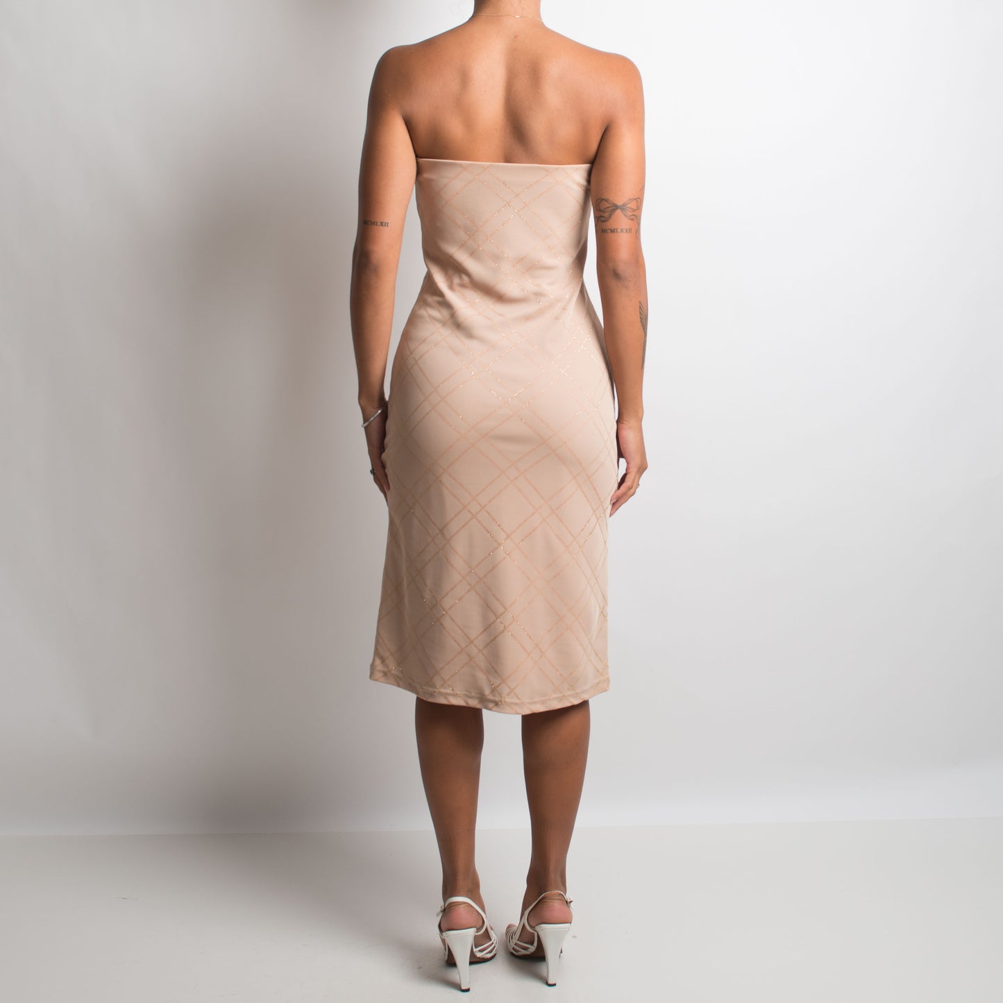 BEIGE STRAPLESS MIDI DRESS