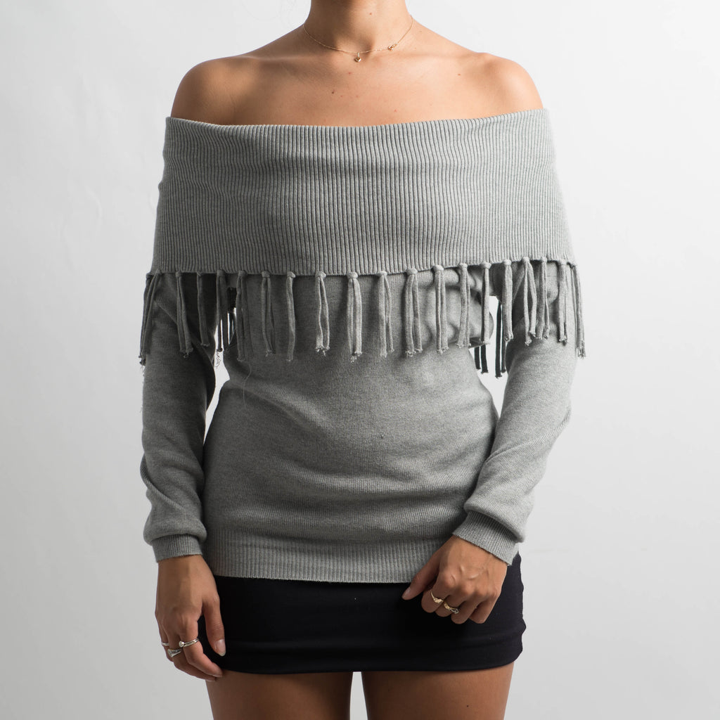 GREY KNIT OFF THE SHOULDER TOP