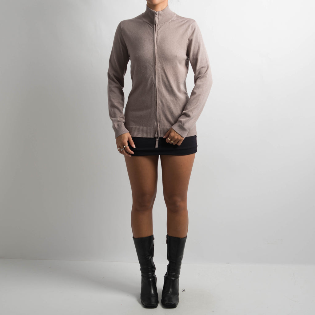 TAUPE KNIT ZIP CARDIGAN