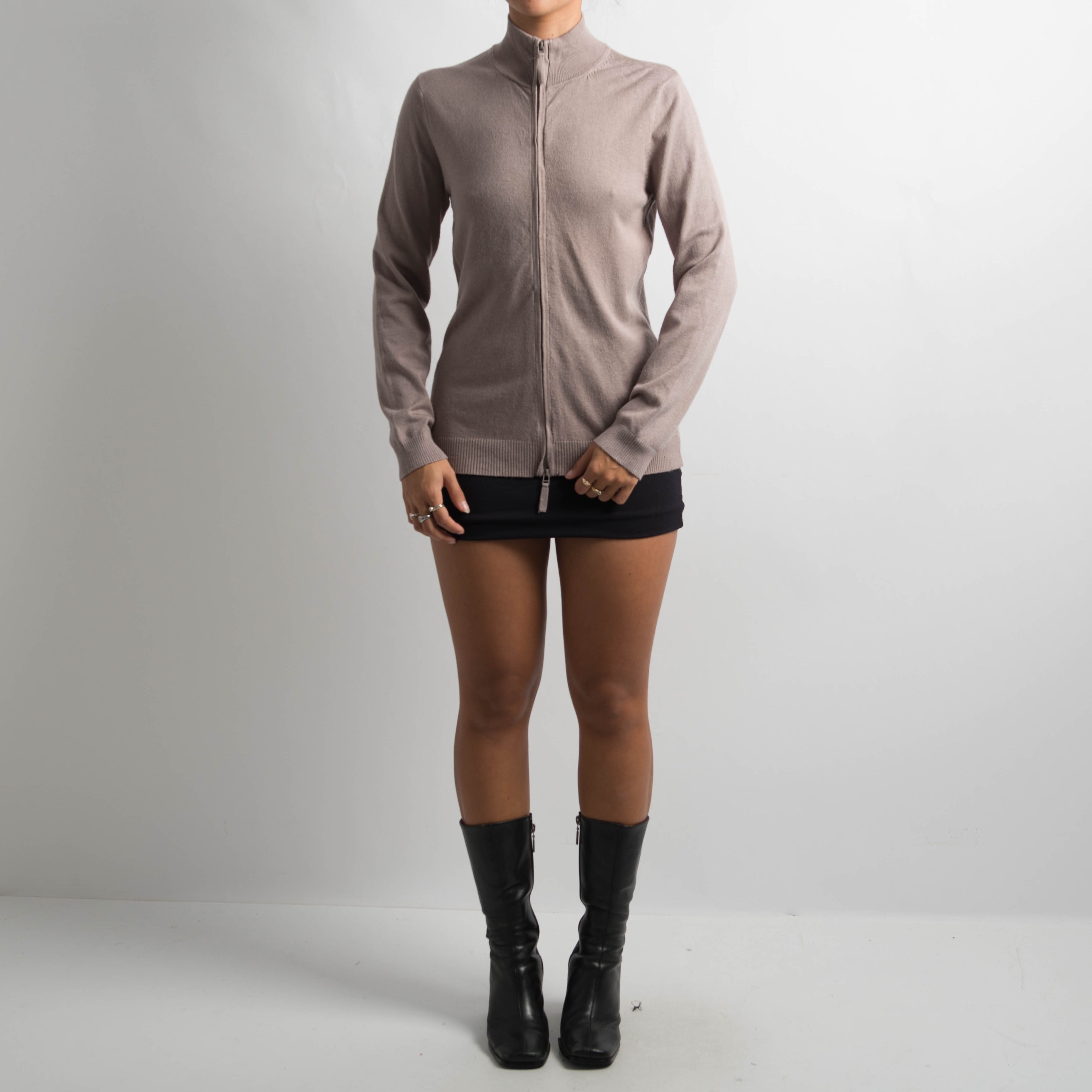 TAUPE KNIT ZIP CARDIGAN