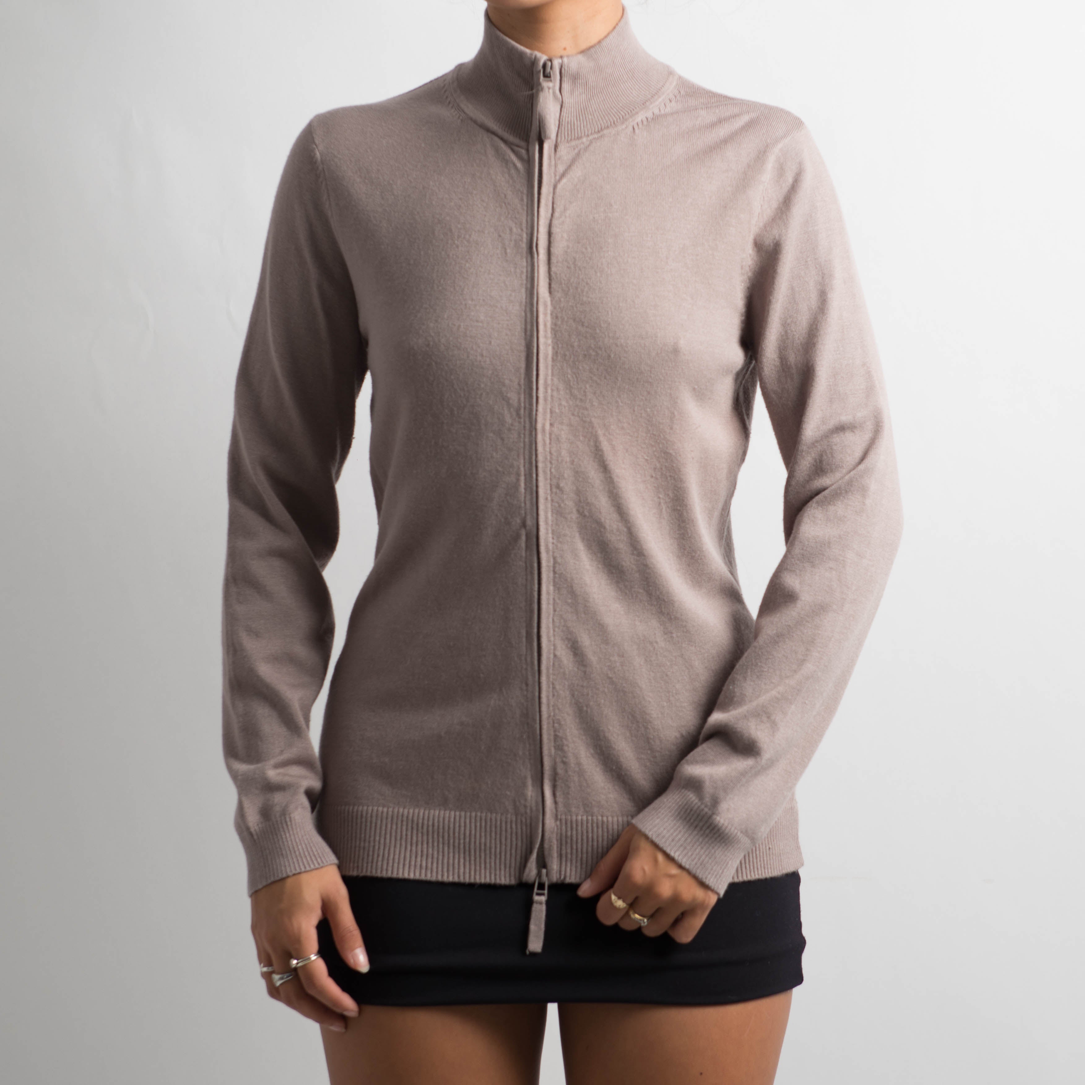 TAUPE KNIT ZIP CARDIGAN