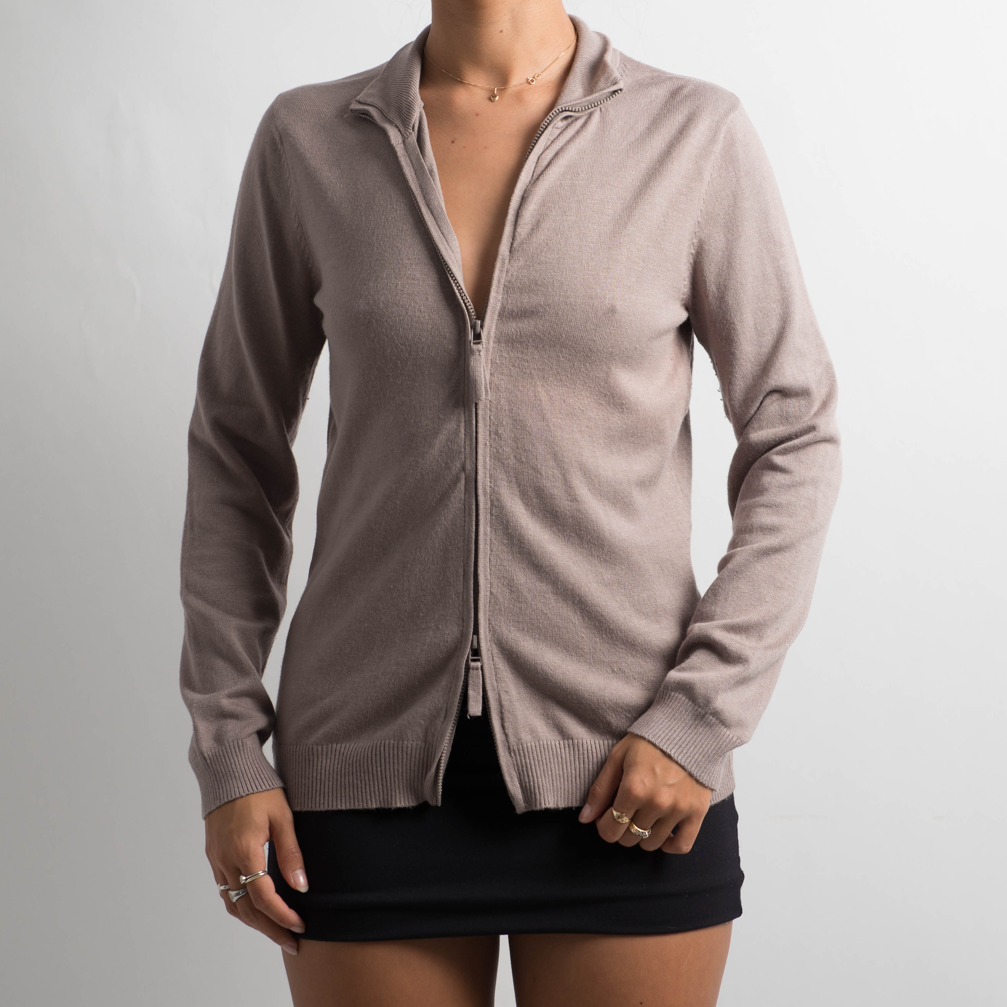 TAUPE KNIT ZIP CARDIGAN