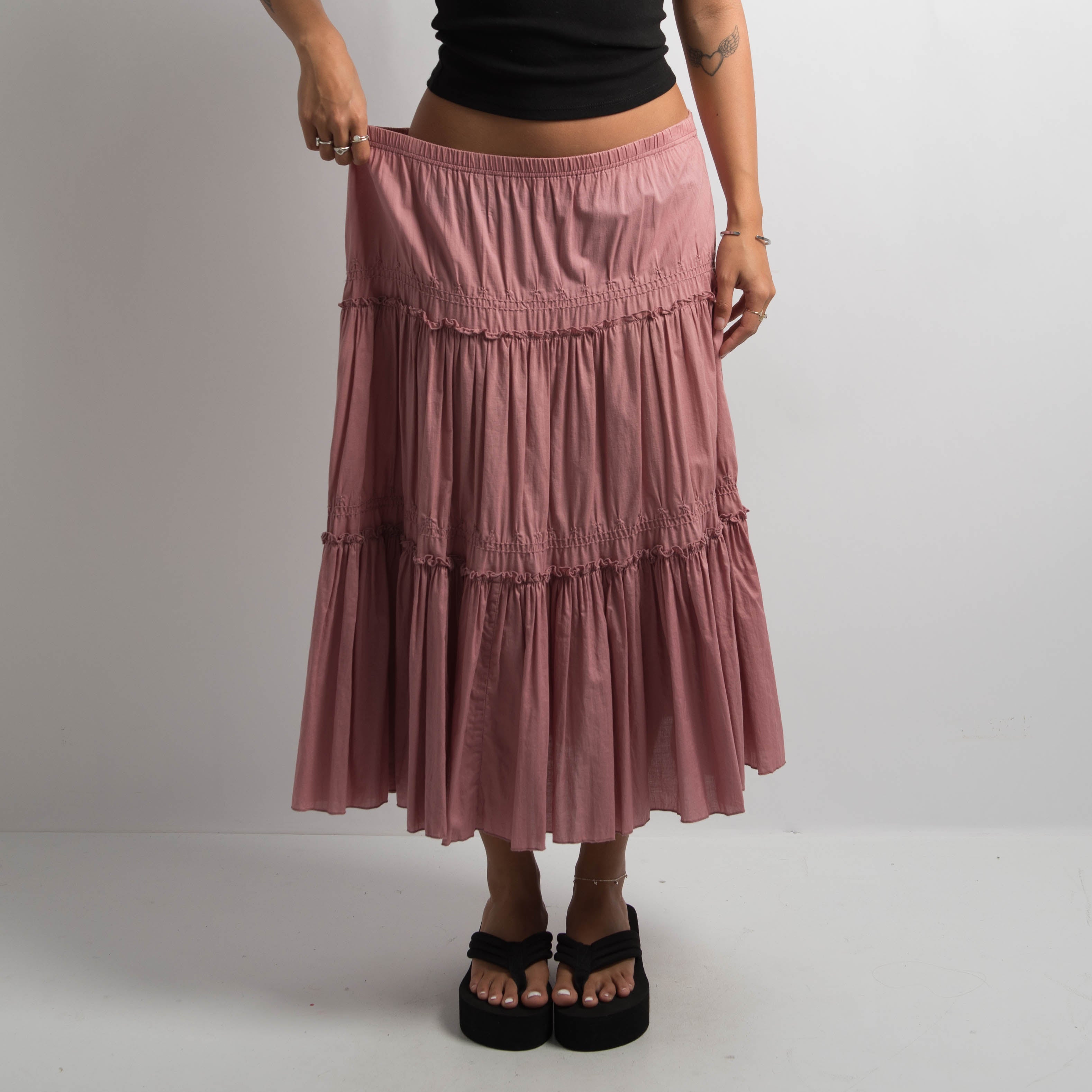 PINK TIERED MIDI SKIRT