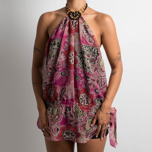 PINK PAISLEY HALTERNECK TOP