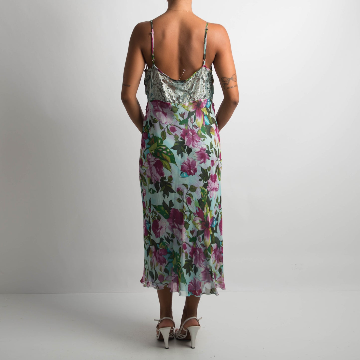 SILK FLORAL MIDI EVENING DRESS