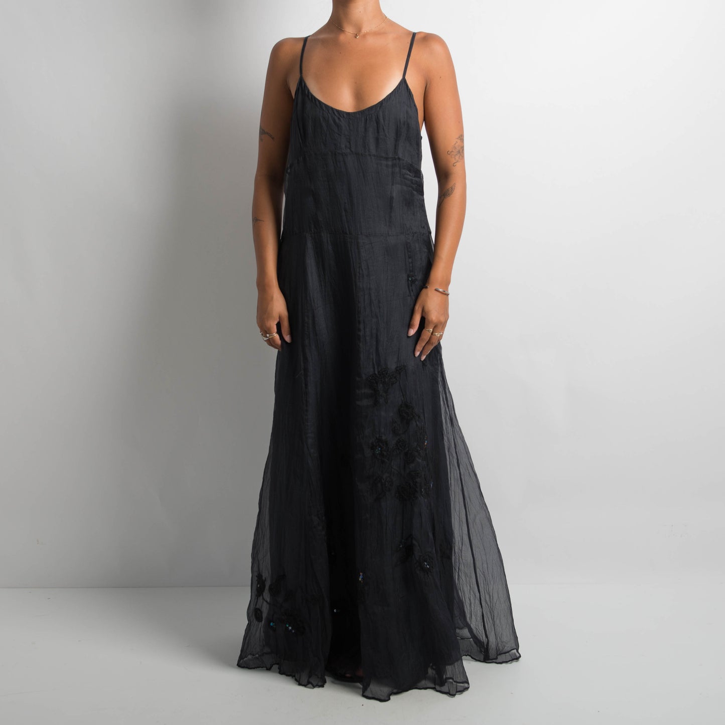 BLACK SILK EMBROIDERED GOWN