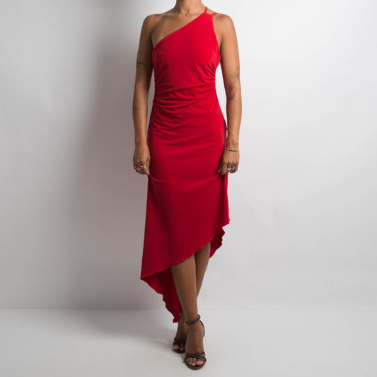 RED ASYMMETRIC MIDI DRESS