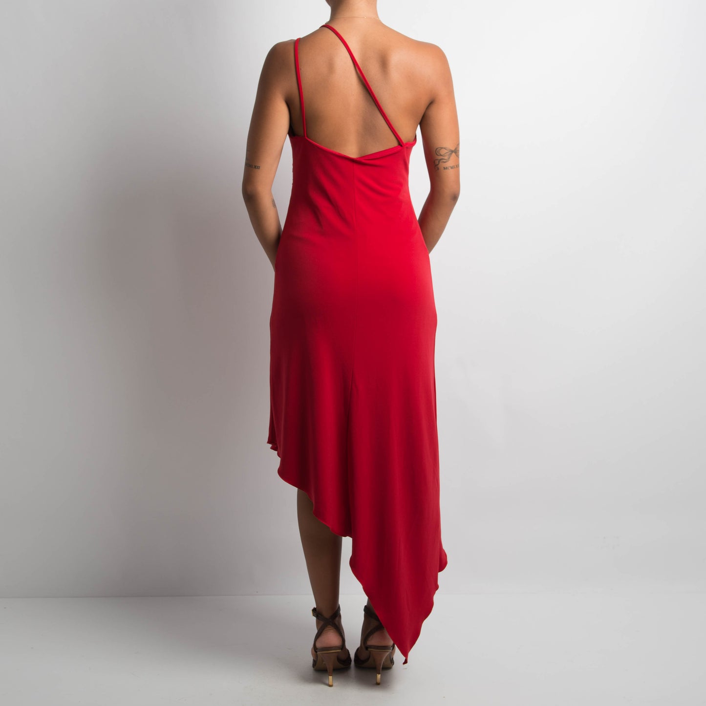 RED ASYMMETRIC MIDI DRESS