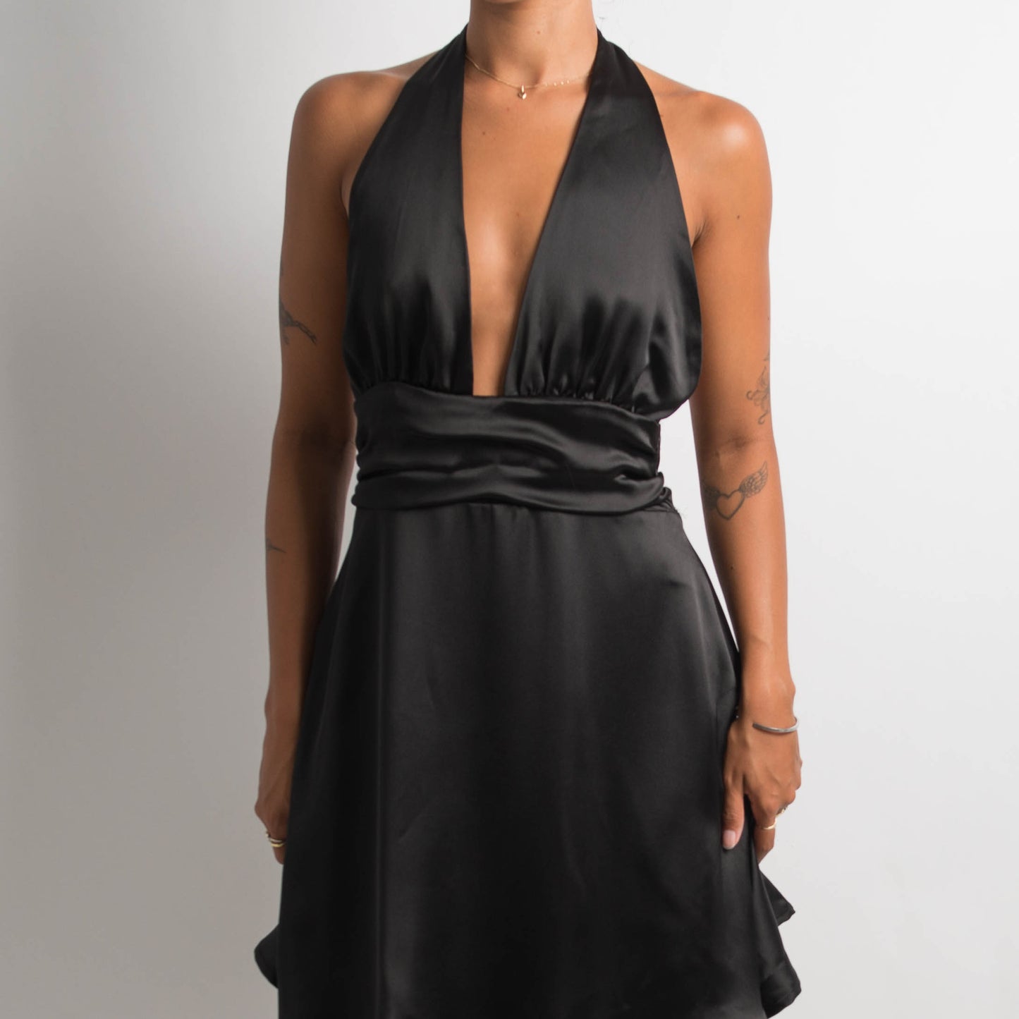 BLACK SATIN HALTERNECK DRESS