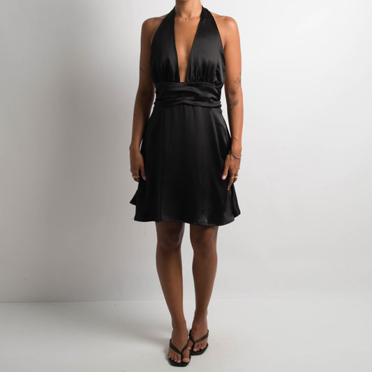 BLACK SATIN HALTERNECK DRESS