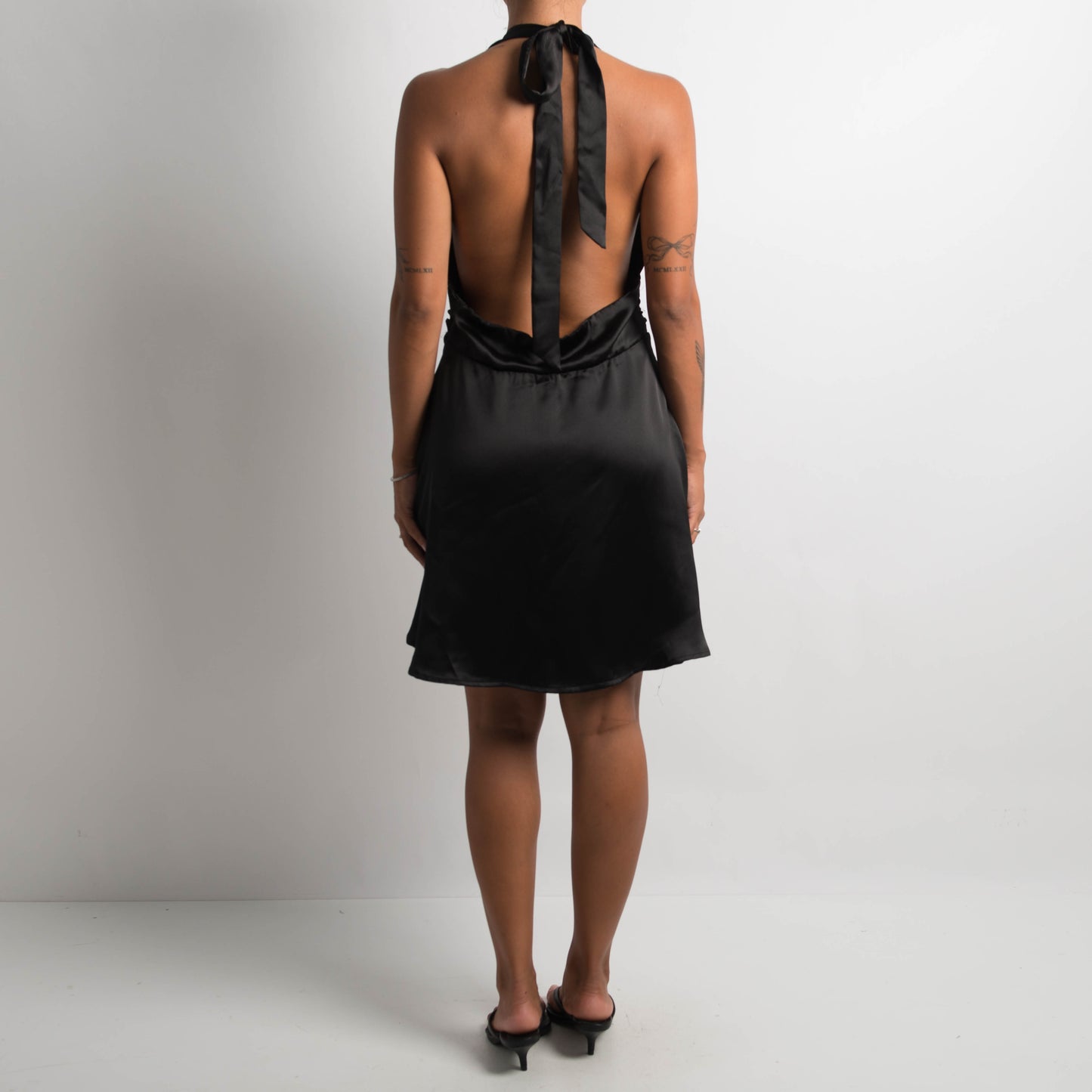 BLACK SATIN HALTERNECK DRESS