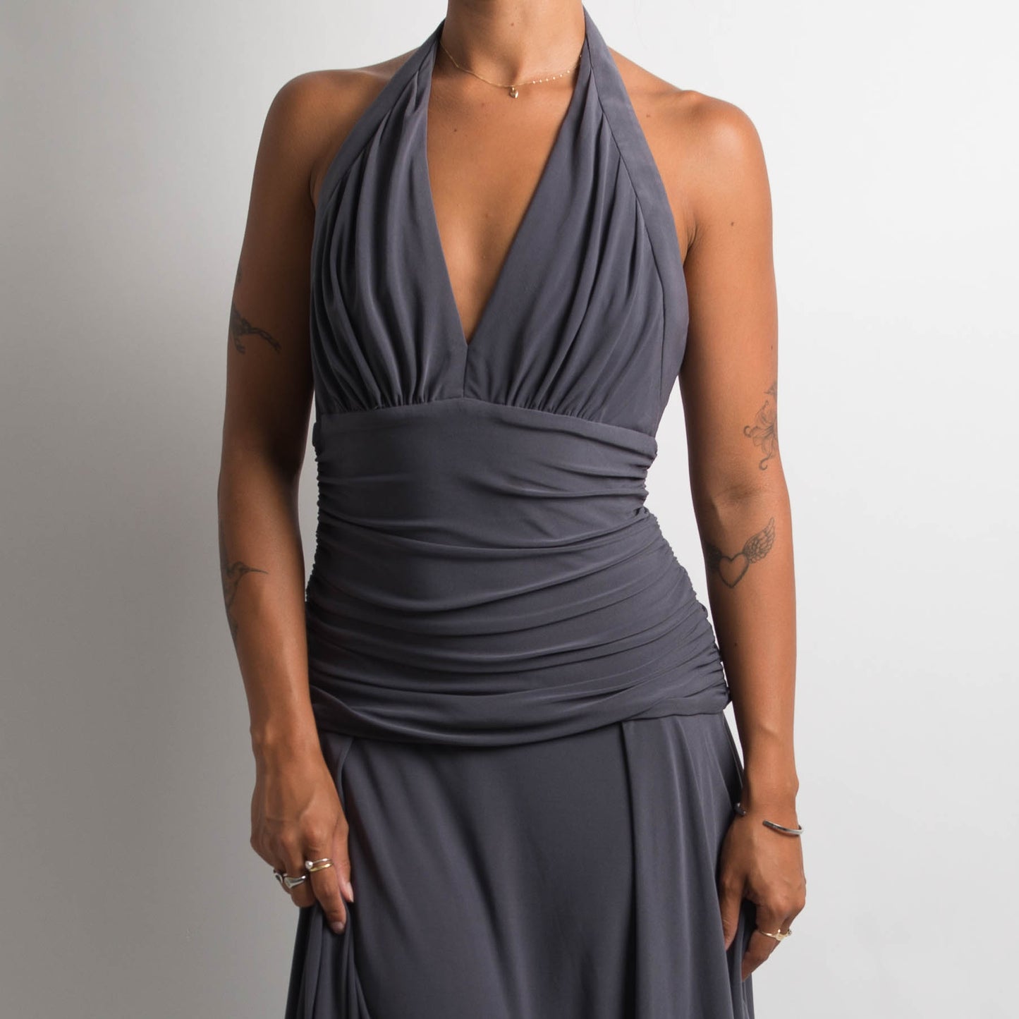 GREY RUCHED HALTERNECK DRESS