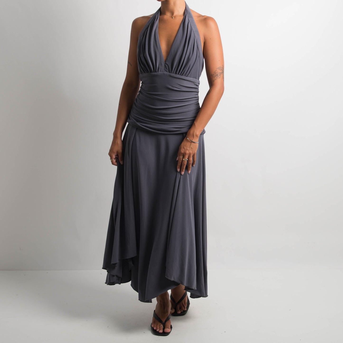 GREY RUCHED HALTERNECK DRESS