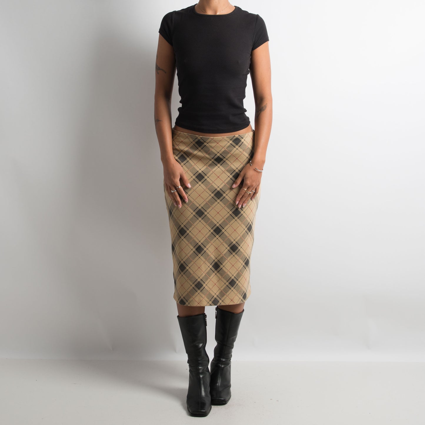 TAN PLAID MIDI SKIRT