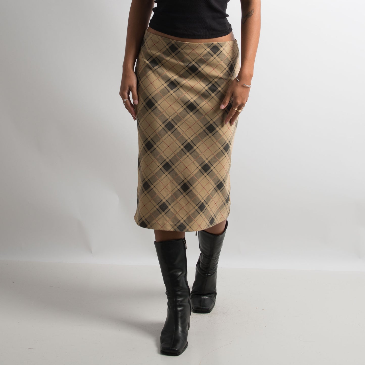 TAN PLAID MIDI SKIRT