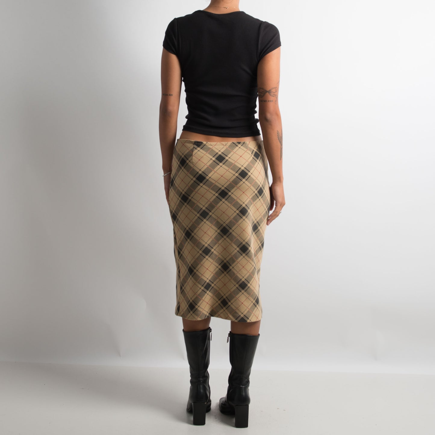 TAN PLAID MIDI SKIRT