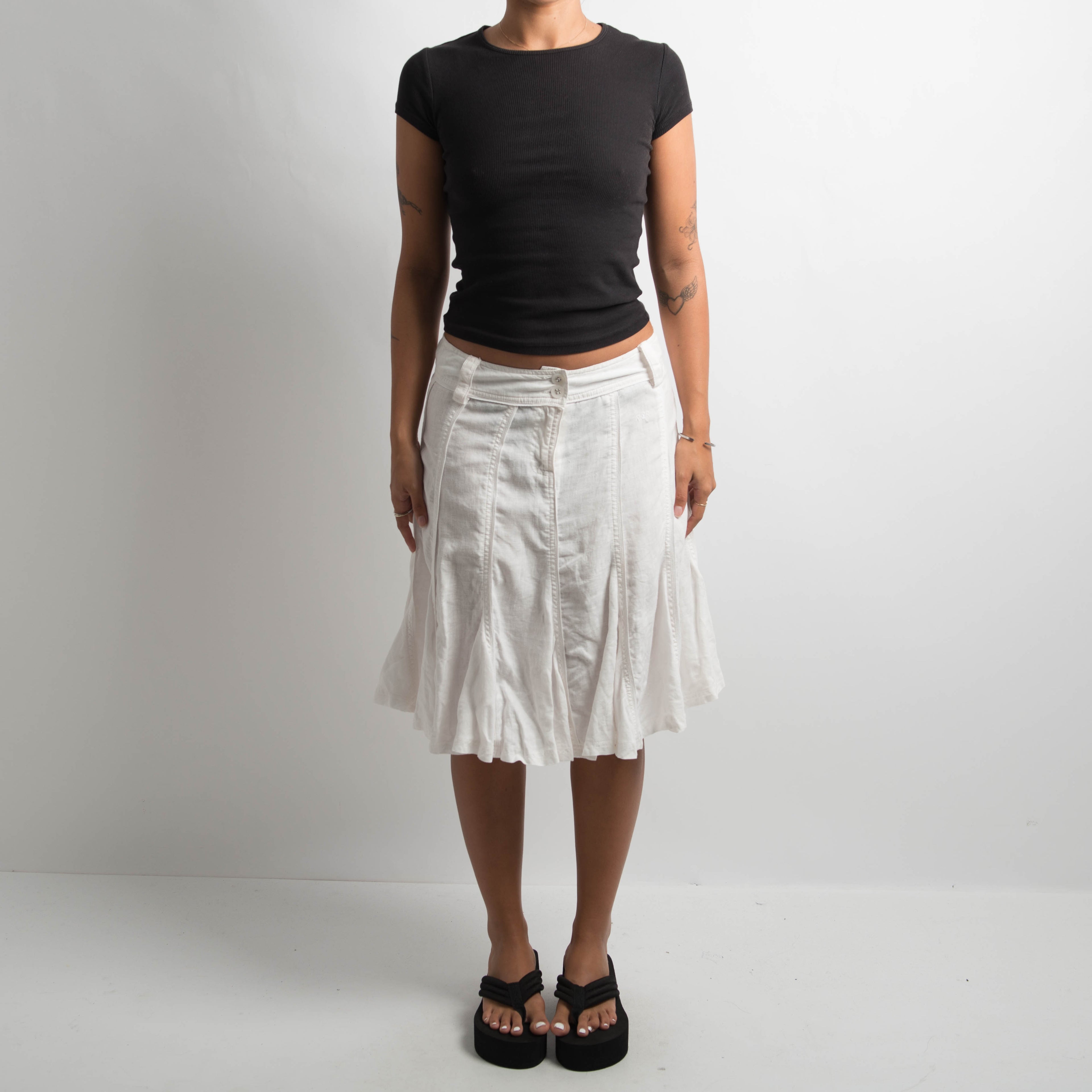 WHITE LINEN MIDI SKIRT