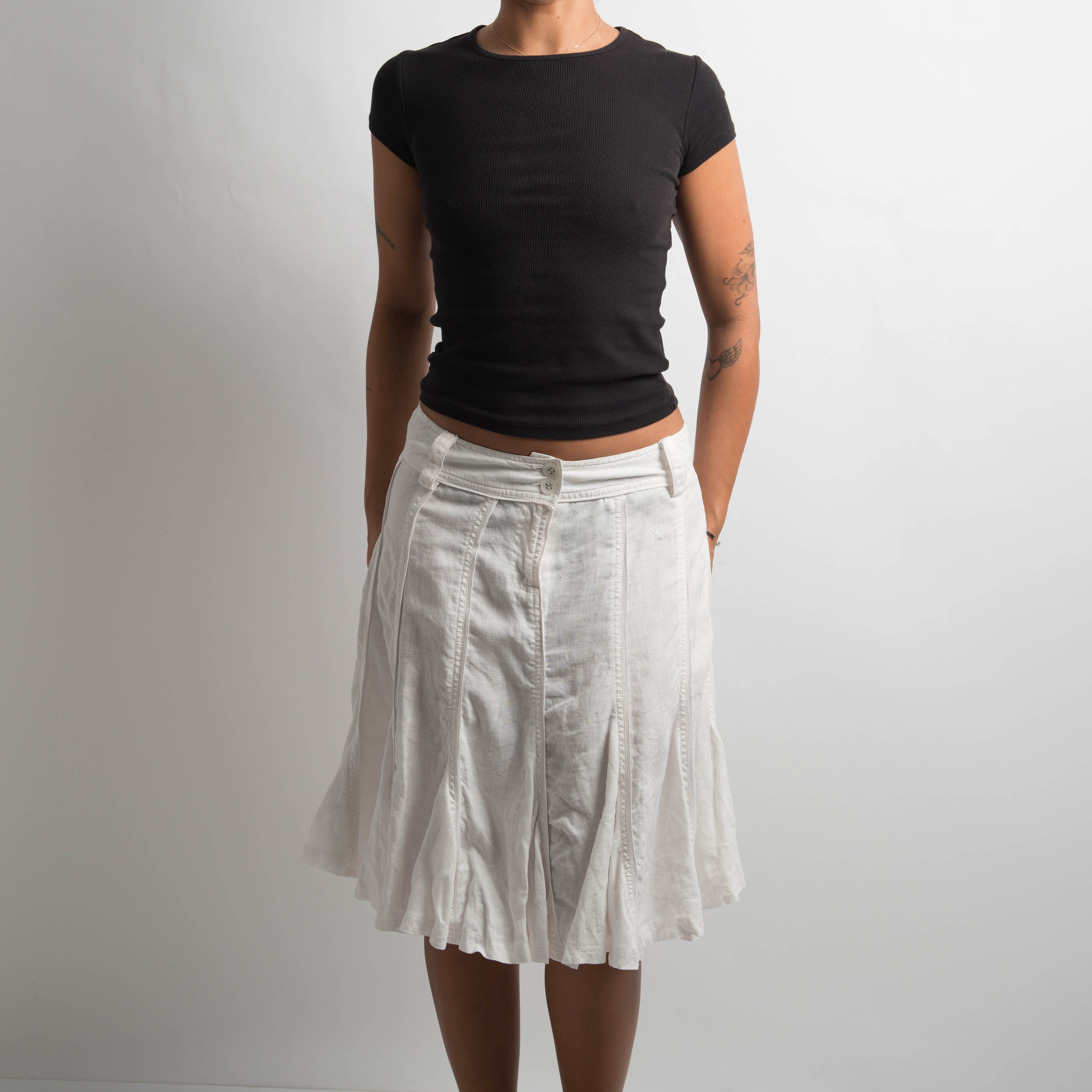WHITE LINEN MIDI SKIRT