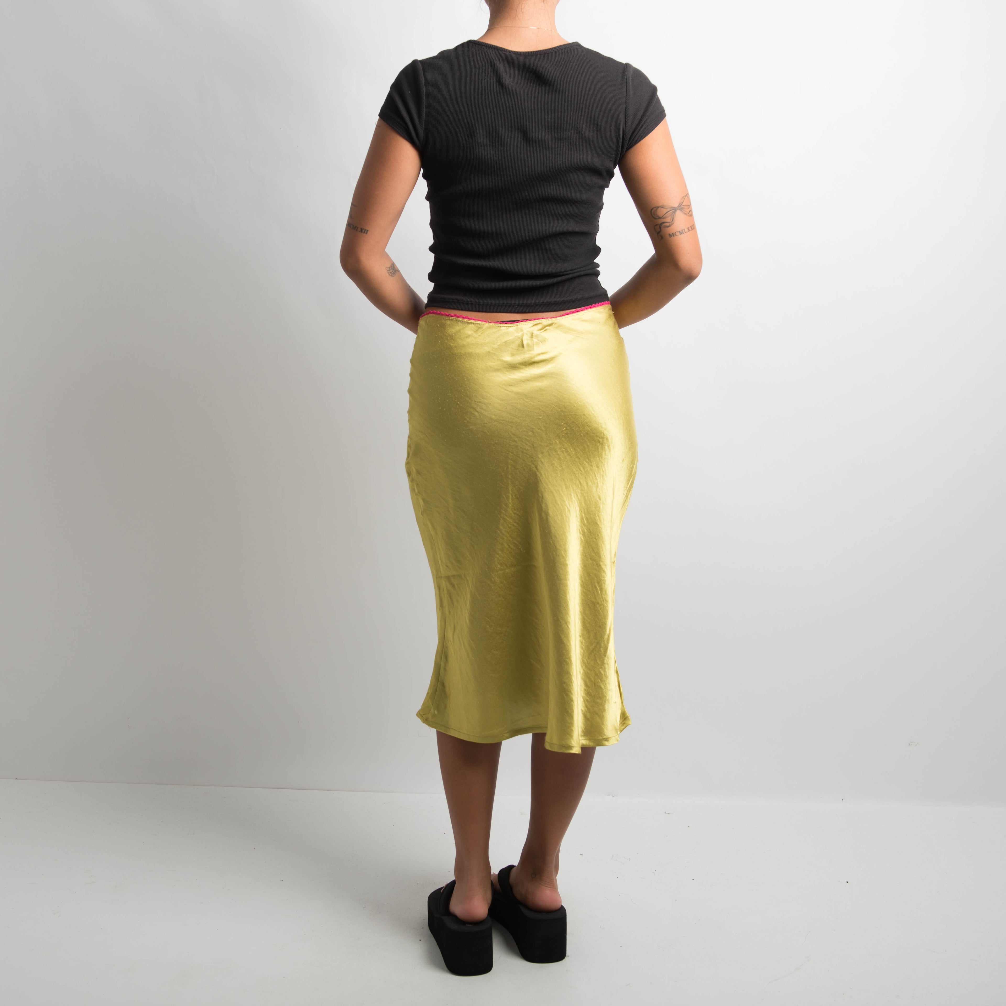 PINK TRIM SATIN MIDI SKIRT