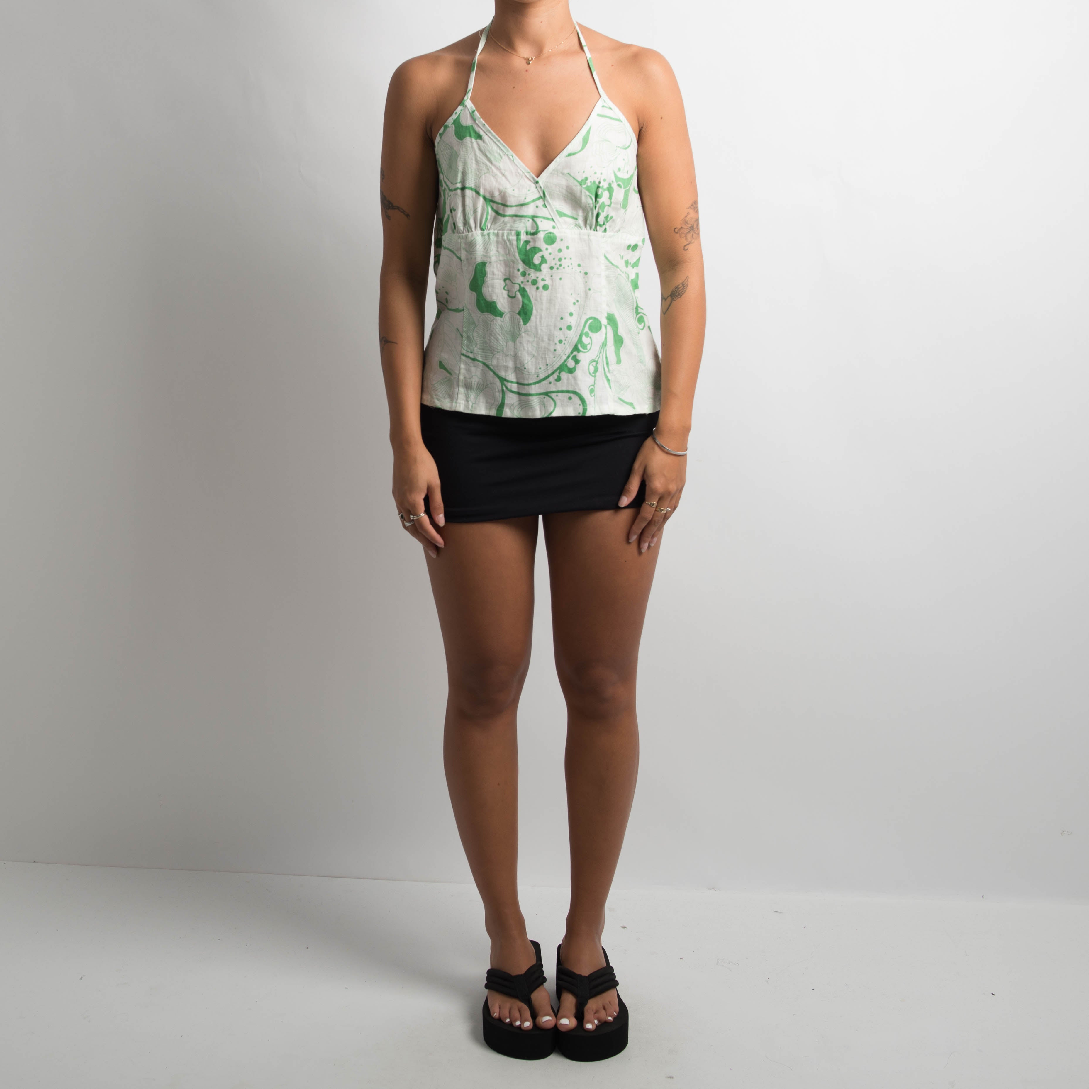 GREEN PATTERN HALTER TOP