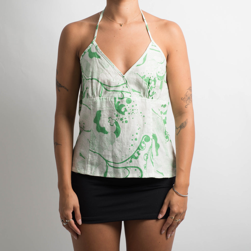 GREEN PATTERN HALTER TOP