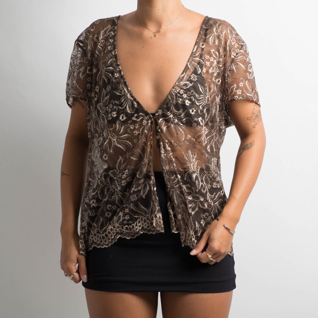 BROWN LACE BUTTON TOP