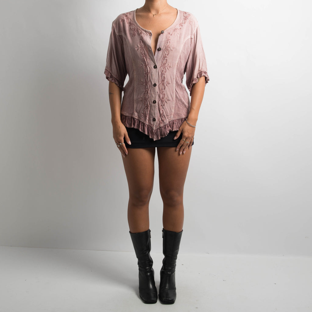 EMBROIDERED RUFFLE BLOUSE