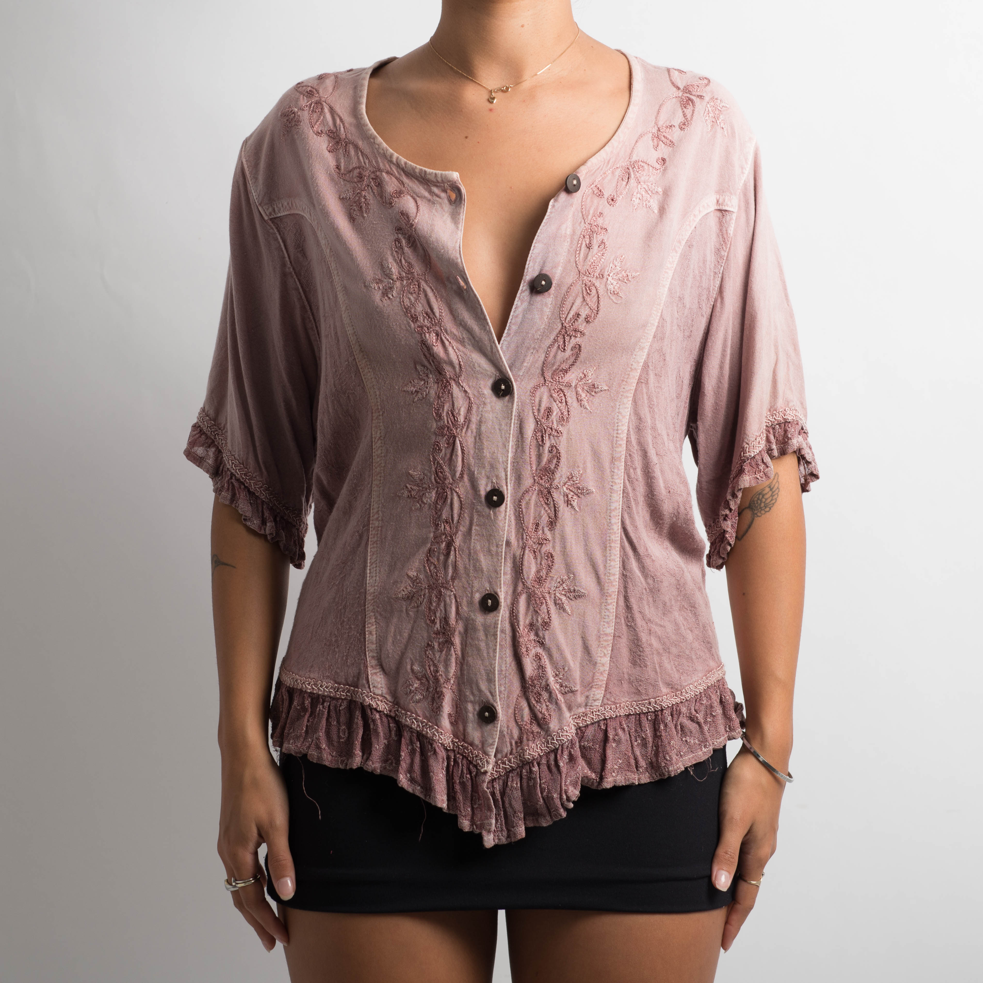 EMBROIDERED RUFFLE BLOUSE