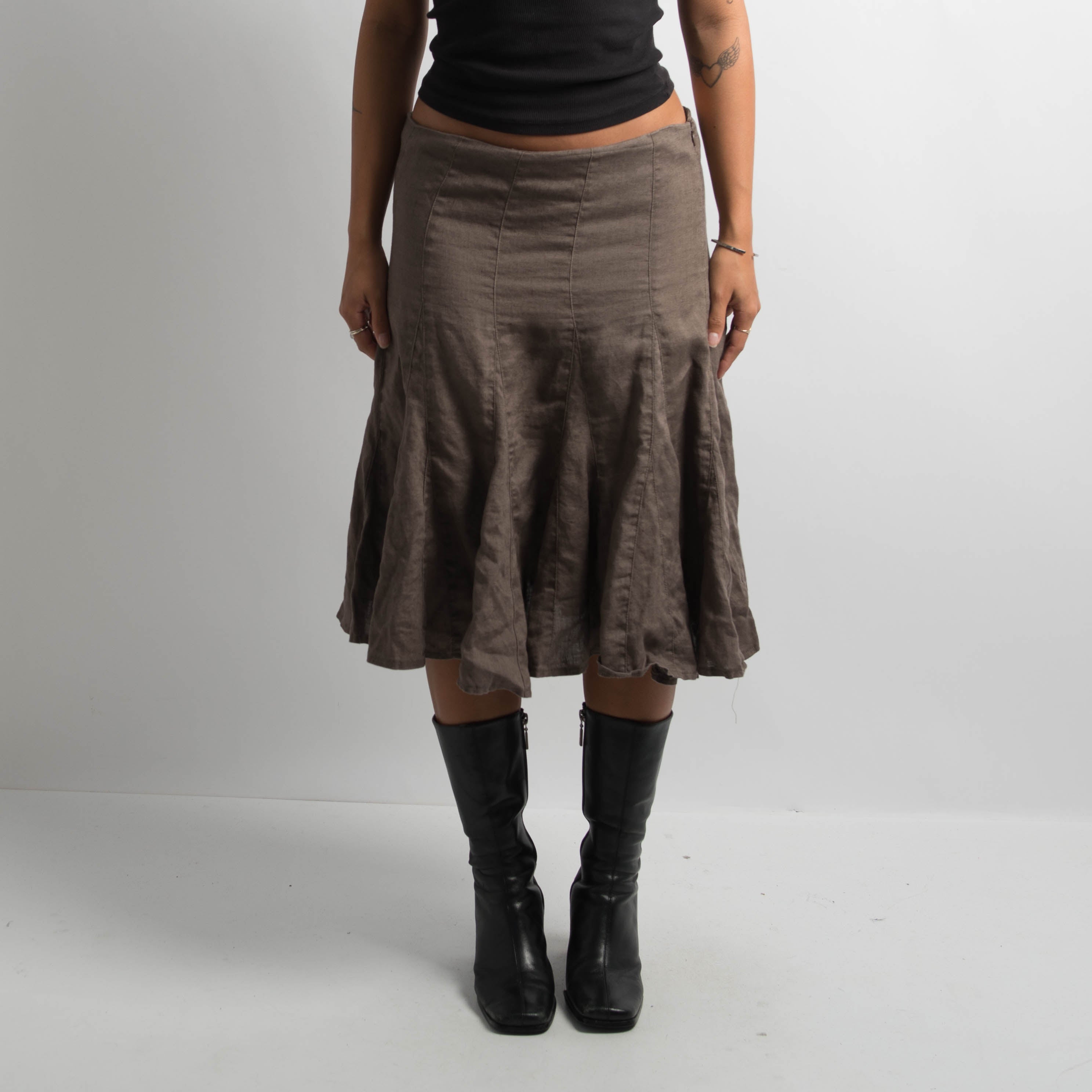 BROWN LINEN MIDI SKIRT