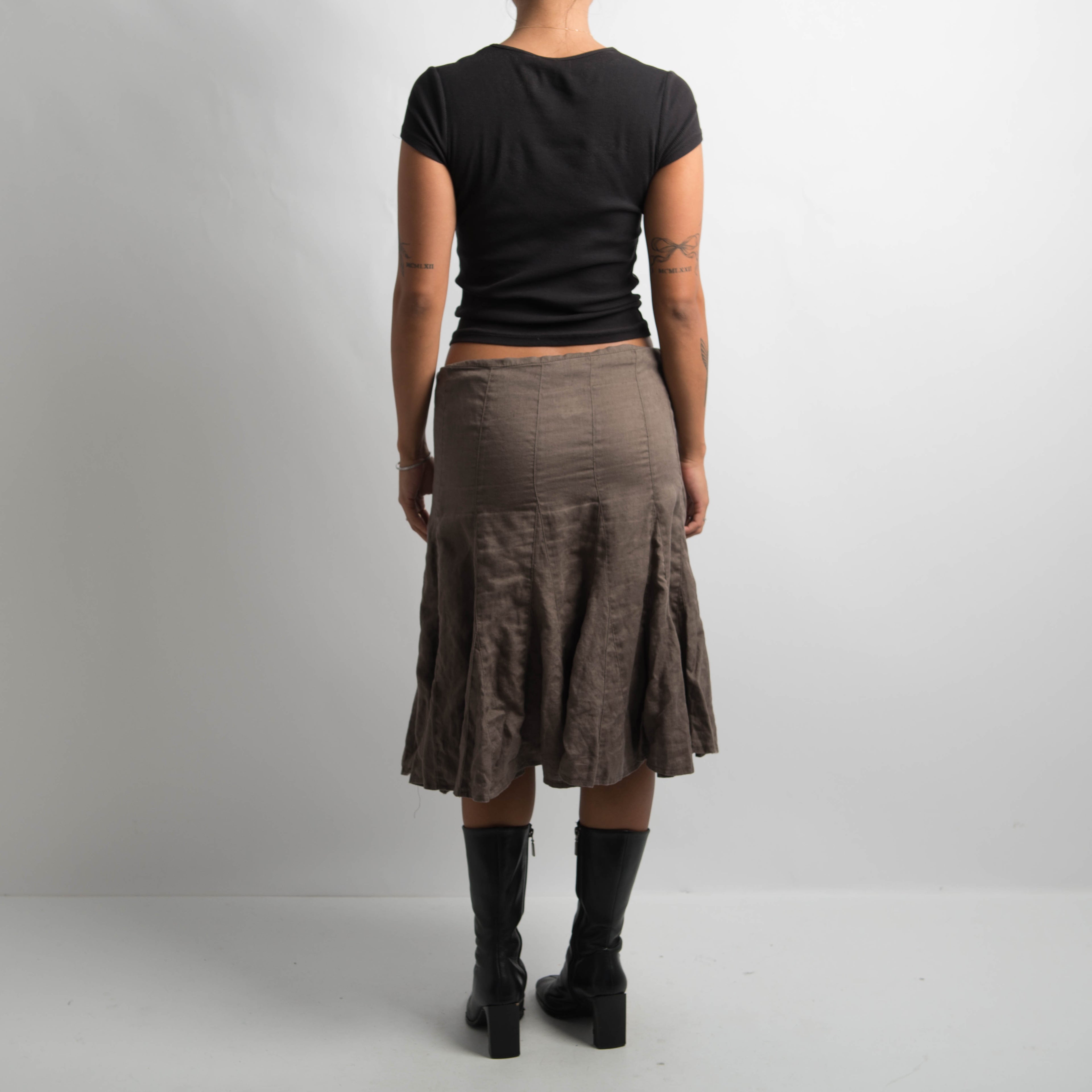 BROWN LINEN MIDI SKIRT