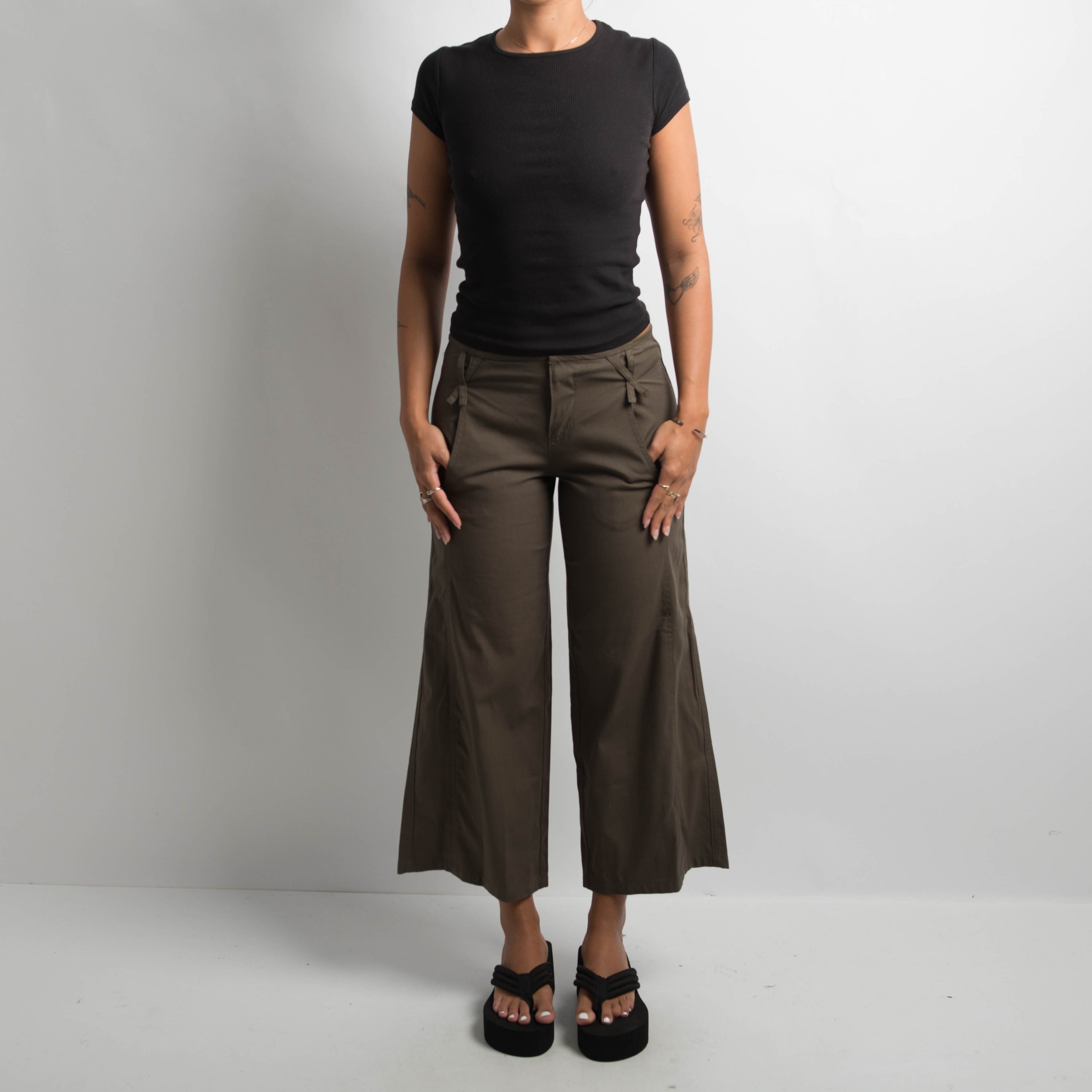 KHAKI CROP WIDE LEG PANTS