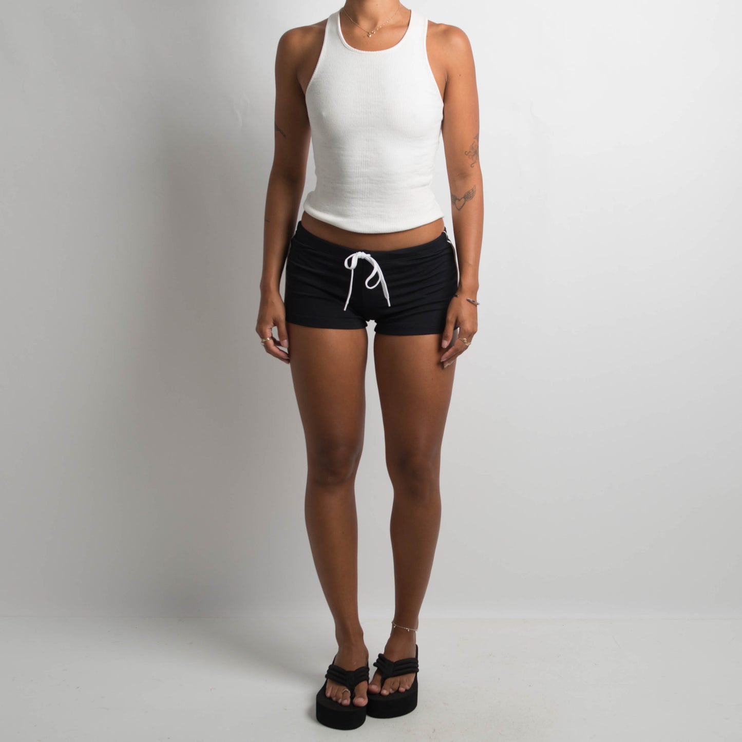 BLACK DRAWSTRING MINI SHORTS