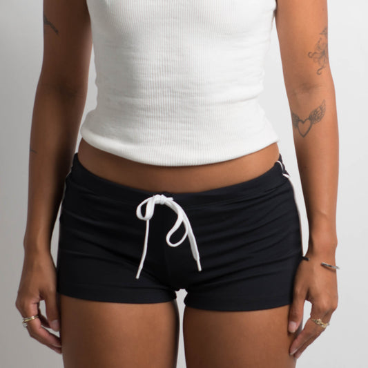 BLACK DRAWSTRING MINI SHORTS