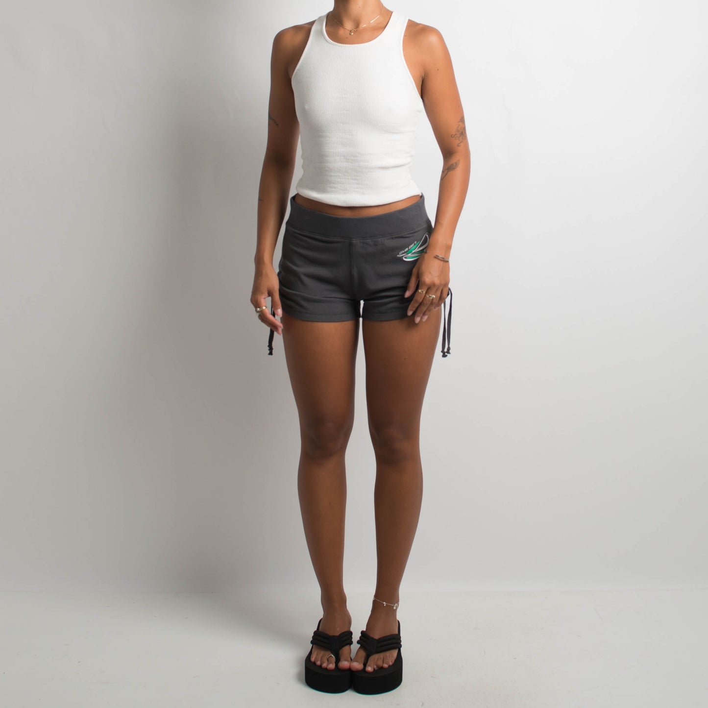 RUCHED GREY MINI SHORTS